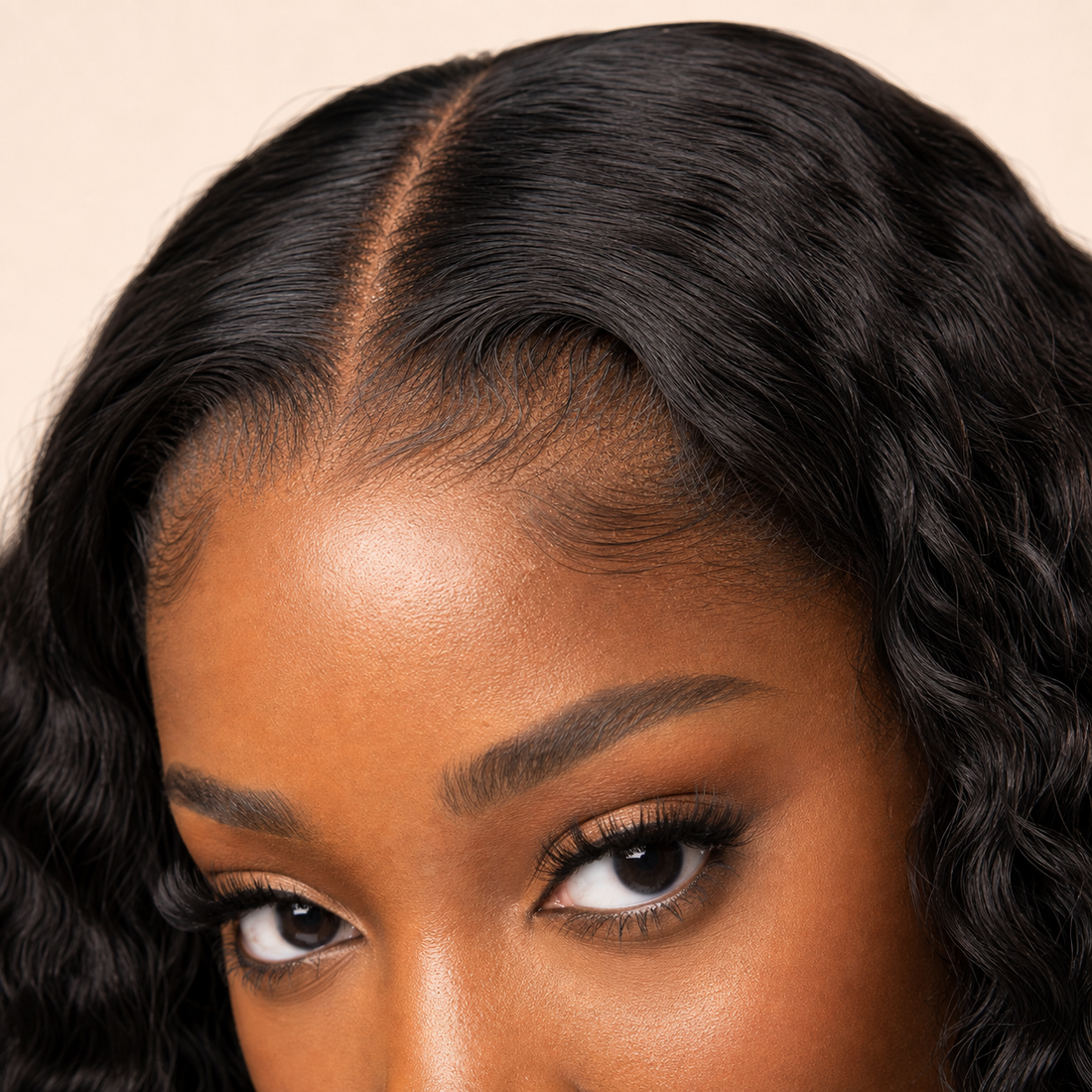 Black woman wearing a natural black 13x6 HD lace deep wave human hair wig, front view
