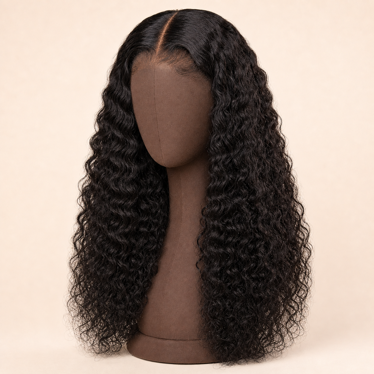 Natural black 13x6 HD lace deep wave human hair wig displayed on a brown mannequin head