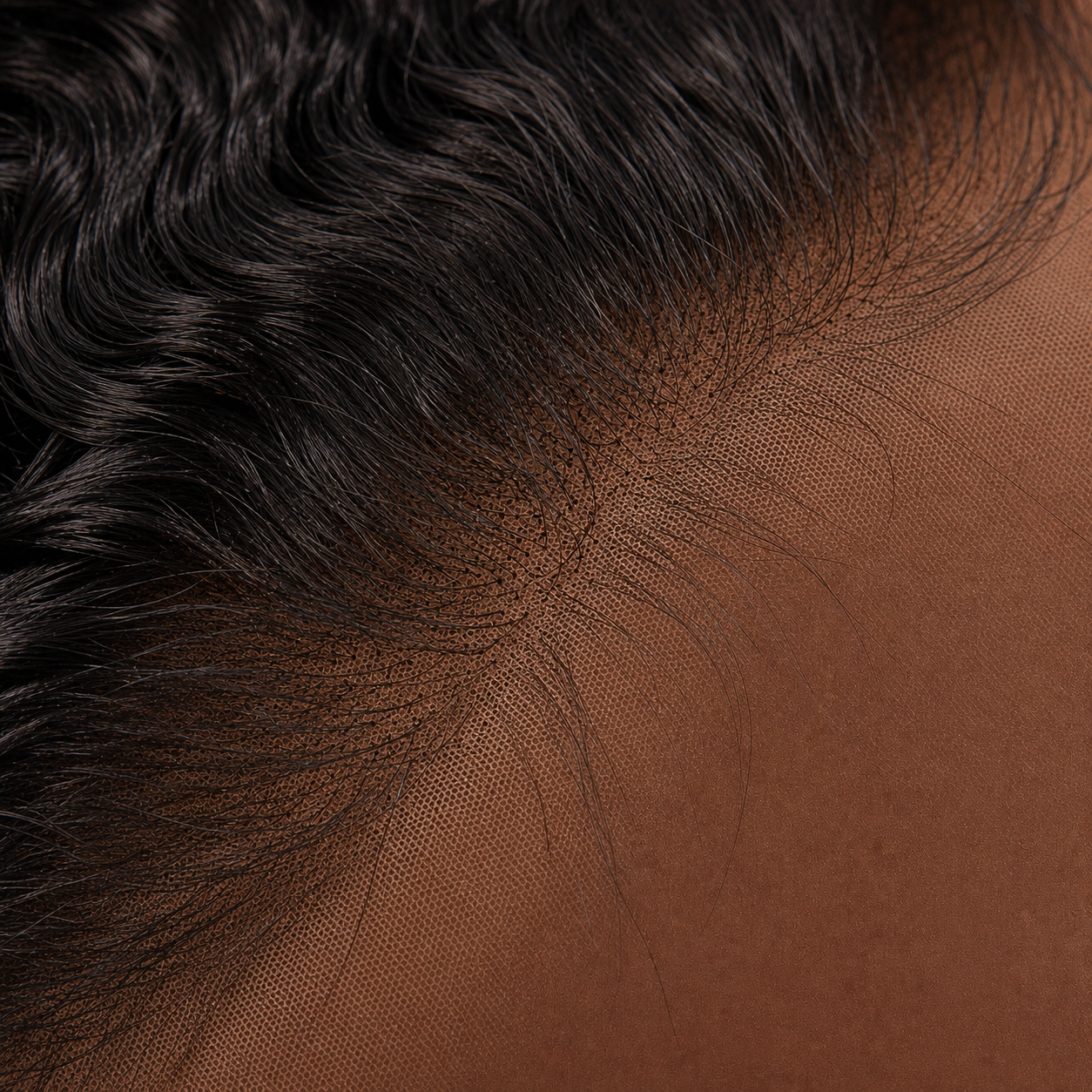 Macro detail of transparent HD lace mesh, pre-bleached knots and pre-plucked hairline