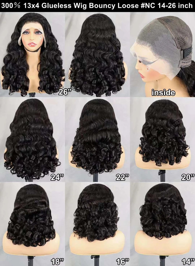 New Natural Color Bouncy Loose Lace Front Wigs Glueless Human Hair 300% Density 13x4 HD Transparent Lace Front Curly Wave Wig